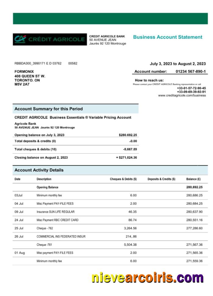 Credit Agricole Bank enterprise checking account statement